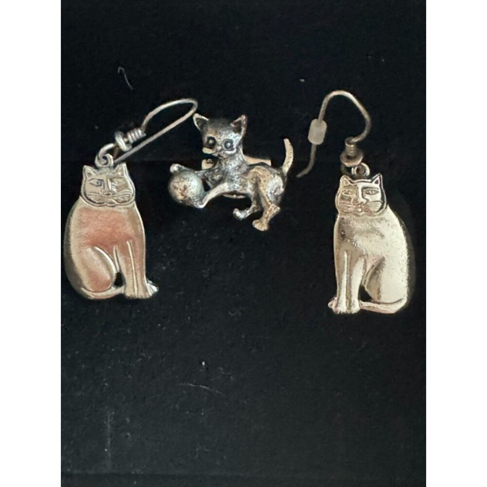 Vintage signed Lauren Burch "Mystic Cat" silver-tone earrings and cat pin.